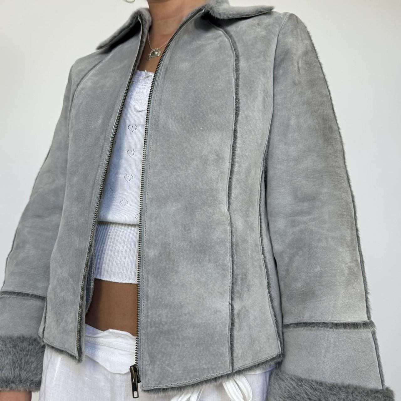 Grey suede faux fur jacket seen on size 8