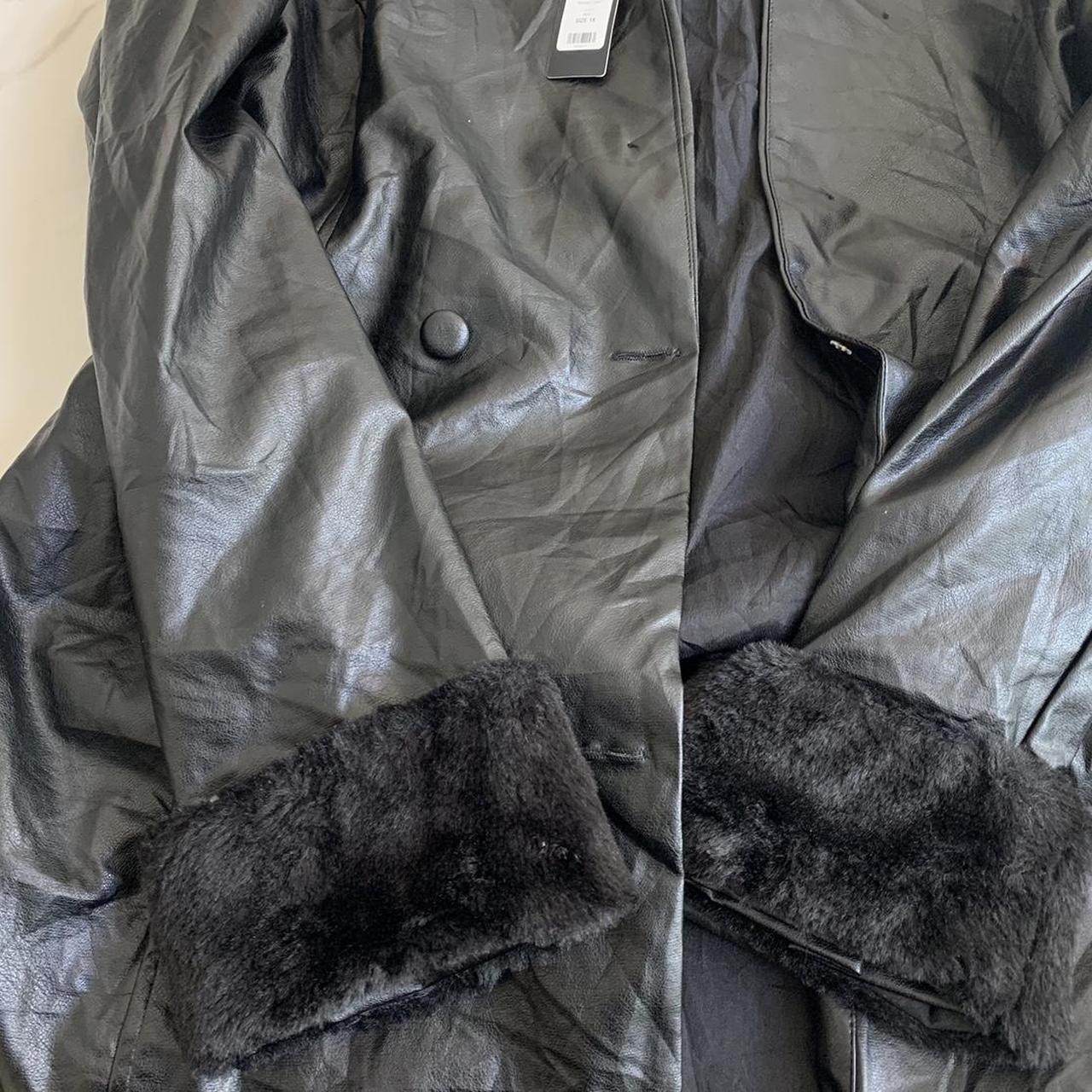 fashion nova black faux fur leather coat size 1X... - Depop