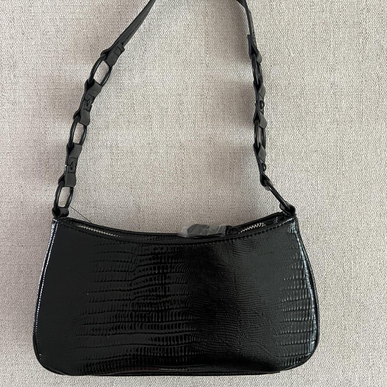 Glossy black faux croc shoulder bag with cute strap... Depop