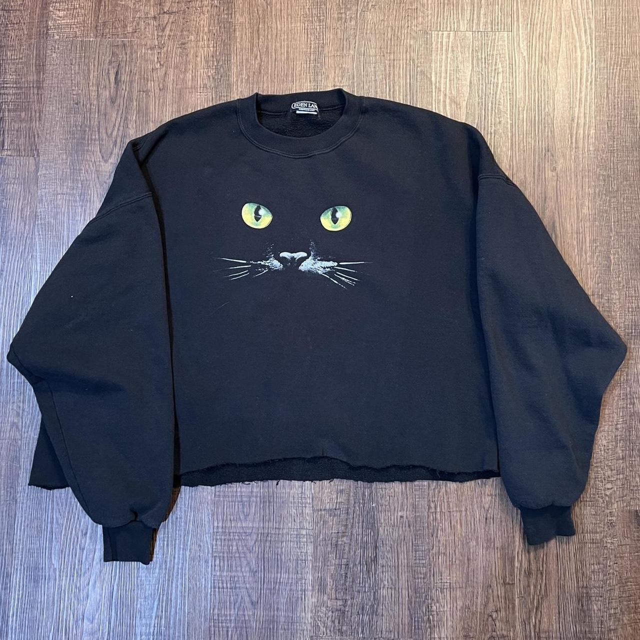 Vintage Cropped Crewneck Black Cat Hoodie Sz.... - Depop