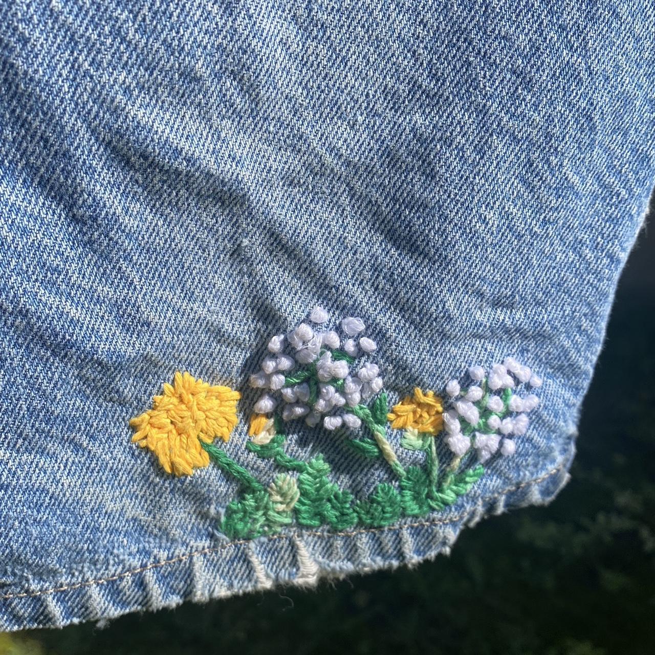 hand embroidered dandelions on shorts, little wear... - Depop