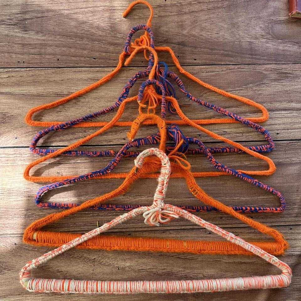 Set of 3 Vintage Orange Crochet Covered Wood Hangers