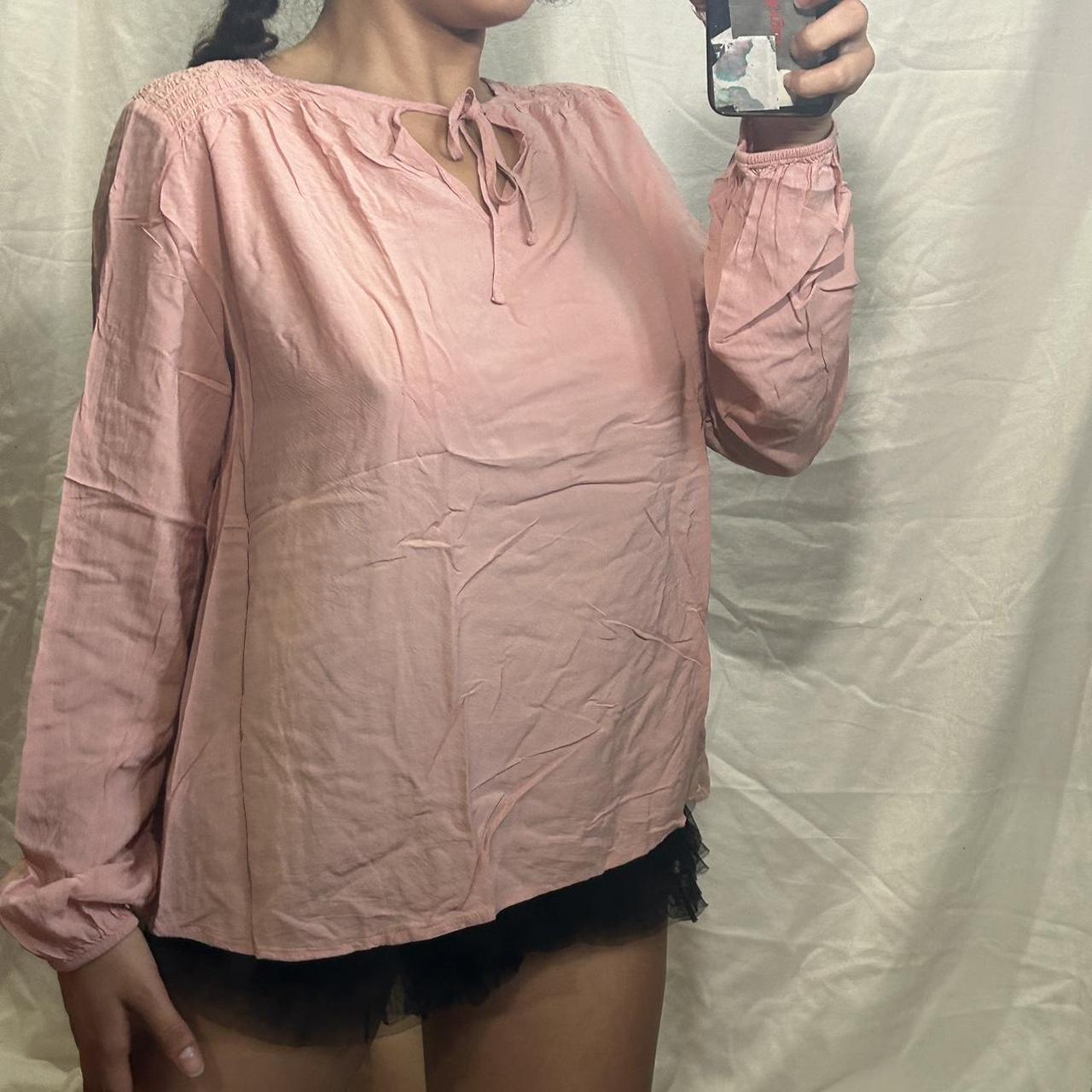 Light baby pink long sleeve top with tie up collar... Depop