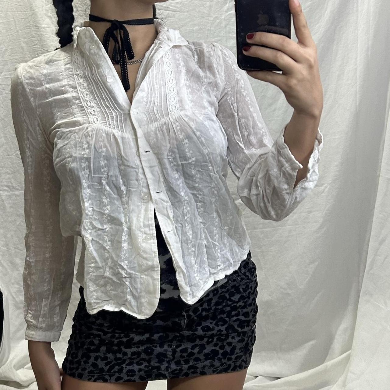 White sheer see through button up longsleeve t shirt... - Depop