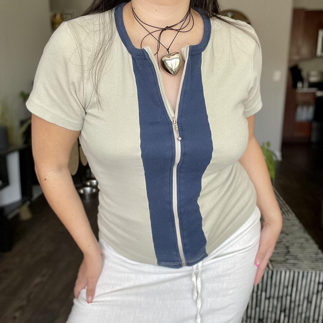 Women's Cream and Navy Shirt Depop