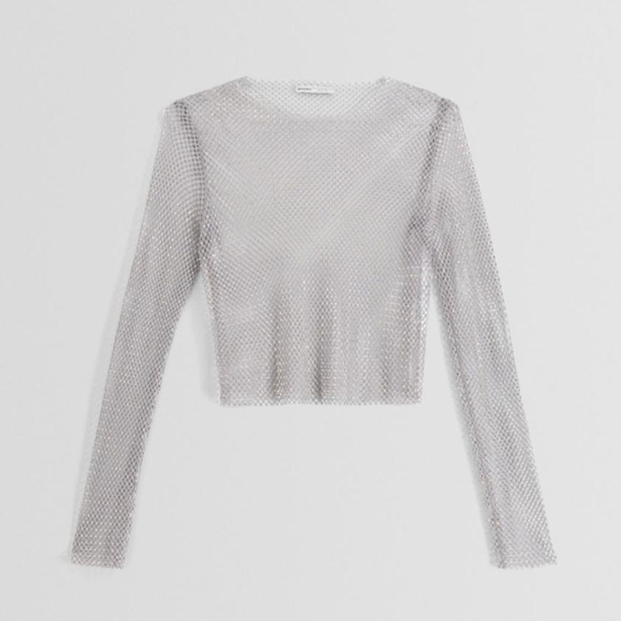 Bershka Long Sleeve Rhinestone Mesh Top in