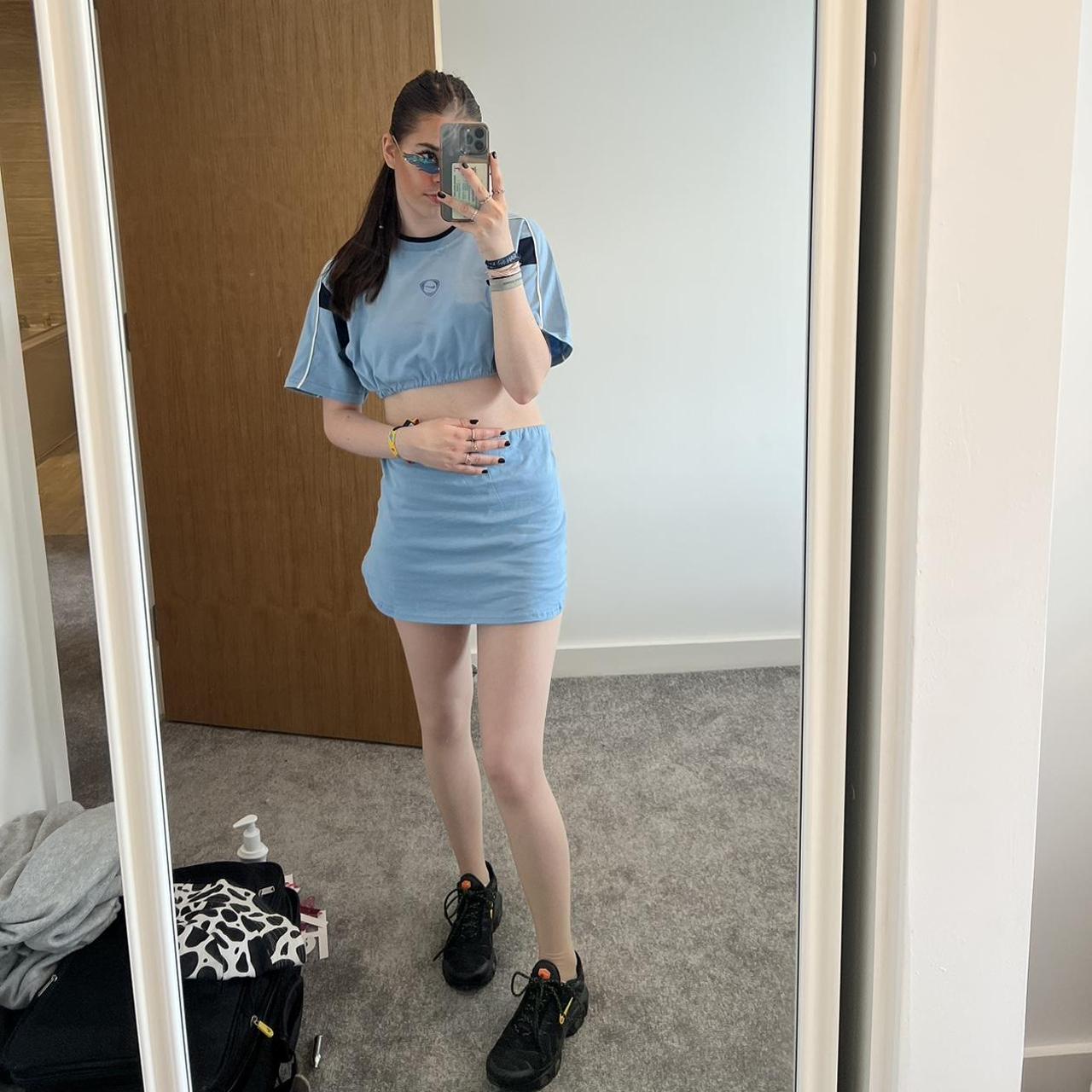 nike reworked baby blue crop top and skirt co ord... Depop