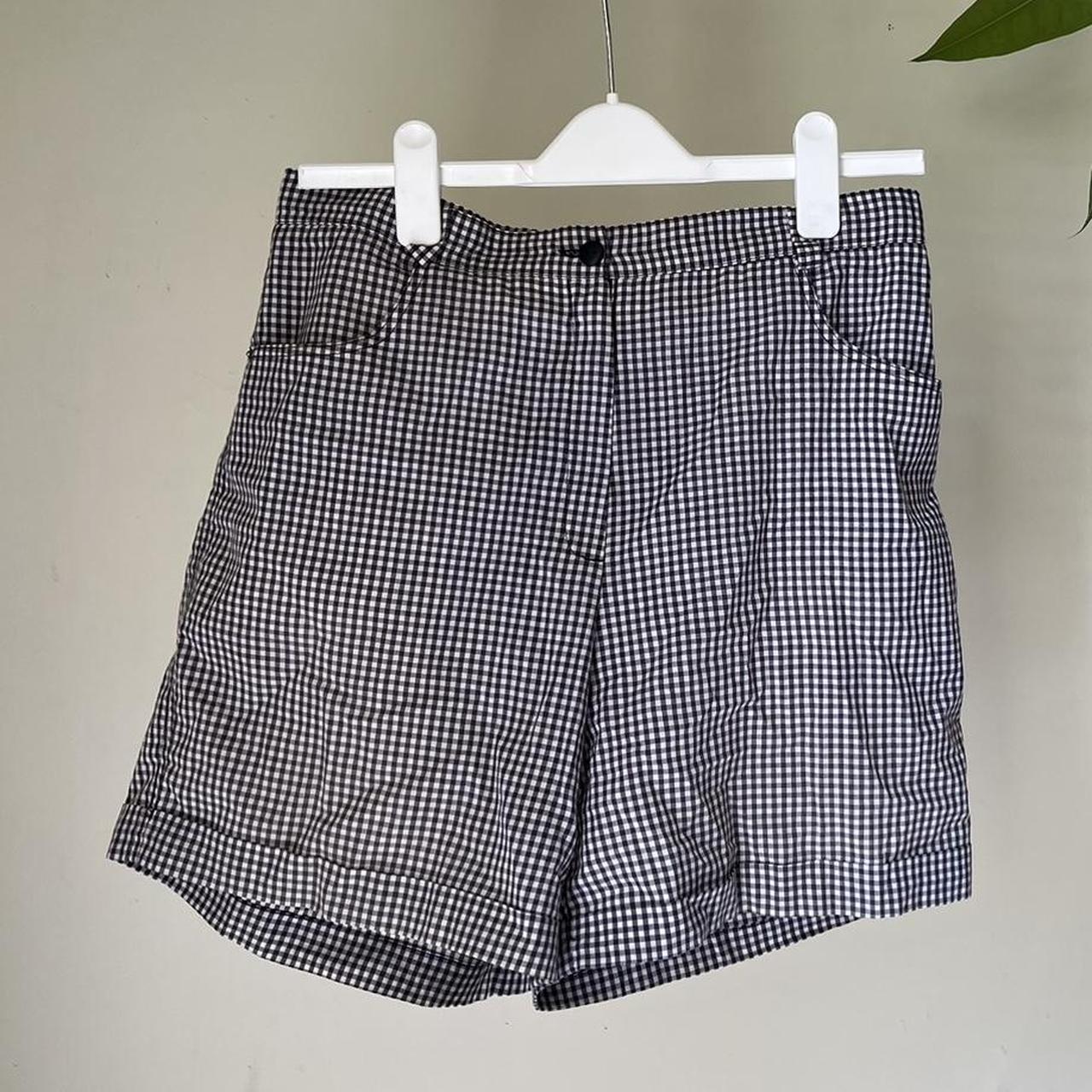 tweed/ blue plaid navy and white shorts size small.... - Depop