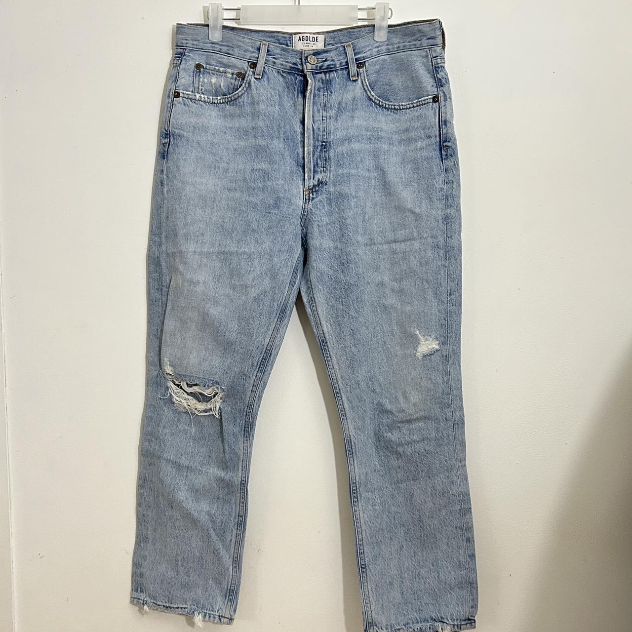 agolde light wash blue straight leg denim distressed... - Depop