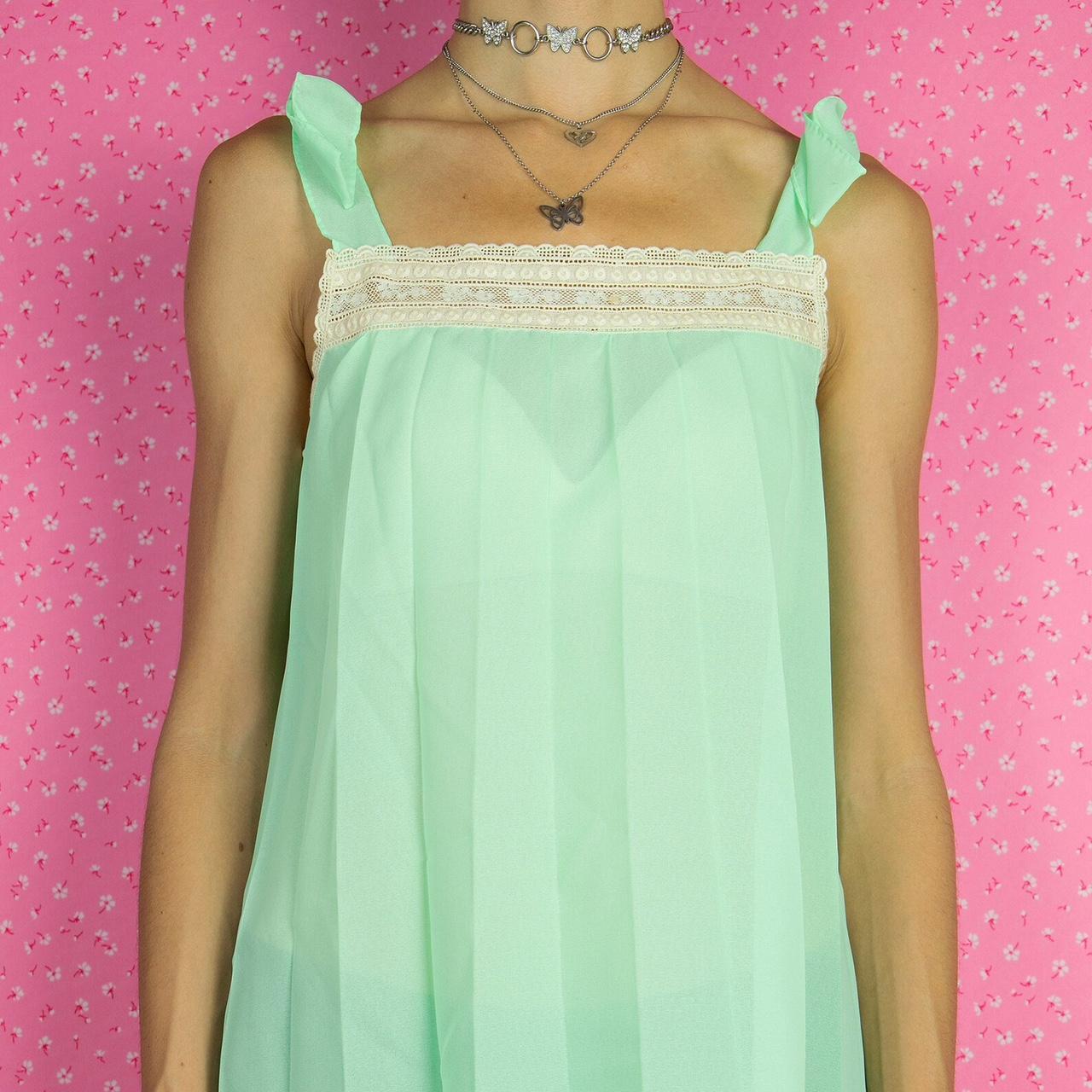 Vintage 60s Babydoll Pleated Green Sheer Mini Dress... - Depop