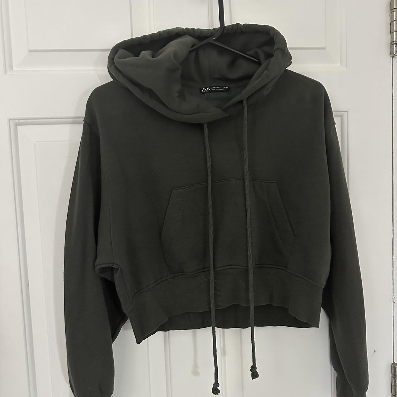 ZARA cropped khaki green hoodie Size m Worn couple... - Depop