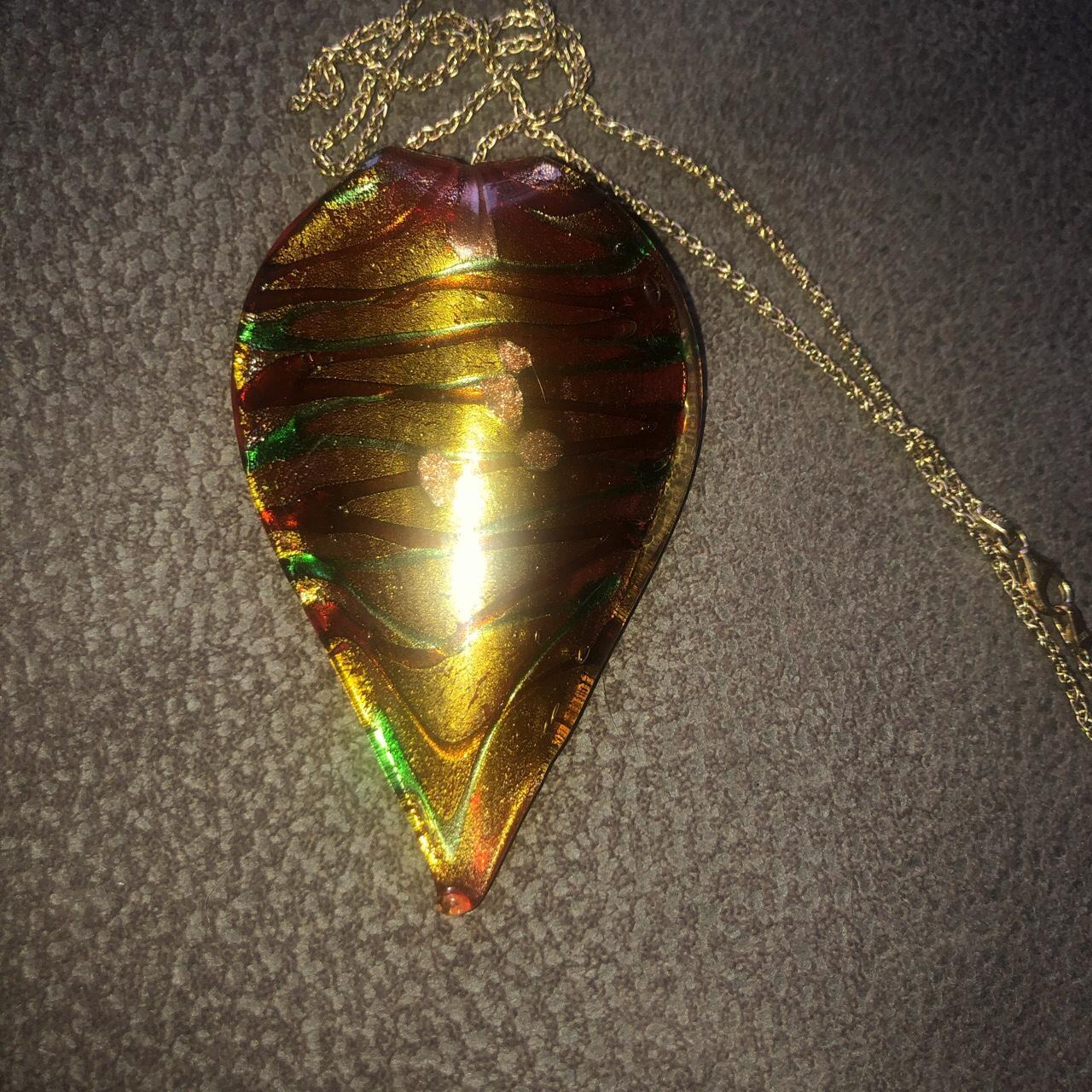 Glass blown necklace pendant with red, green and... Depop