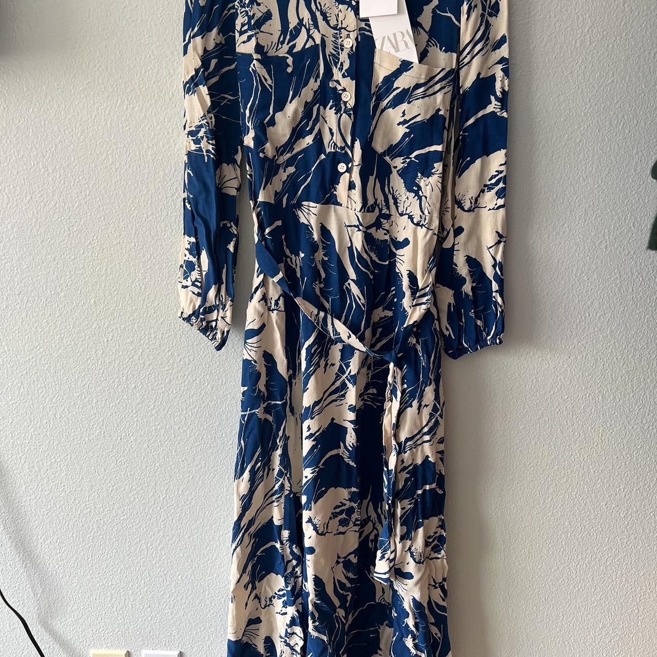 Zara spring maxi tie dress! Blue and white floral... - Depop