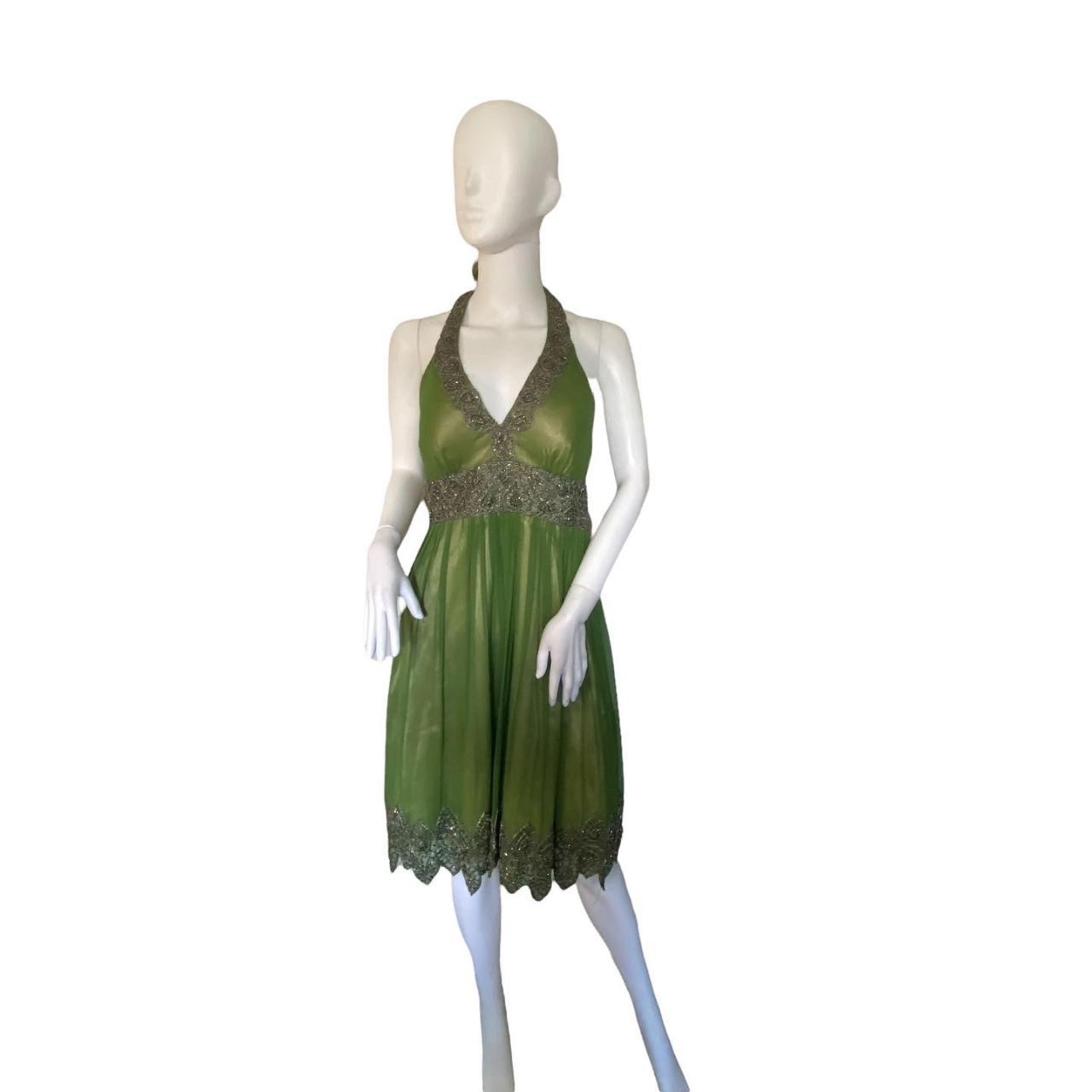 ADRIANNA PAPELL OLIVE GREEN SILK CHIFFON BEADED