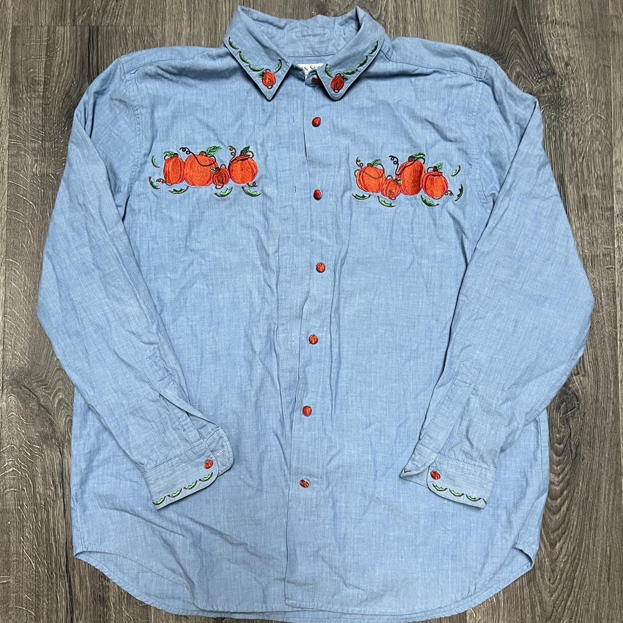 Vintage Fall Pumpkin Denim Button up Great vintage... - Depop