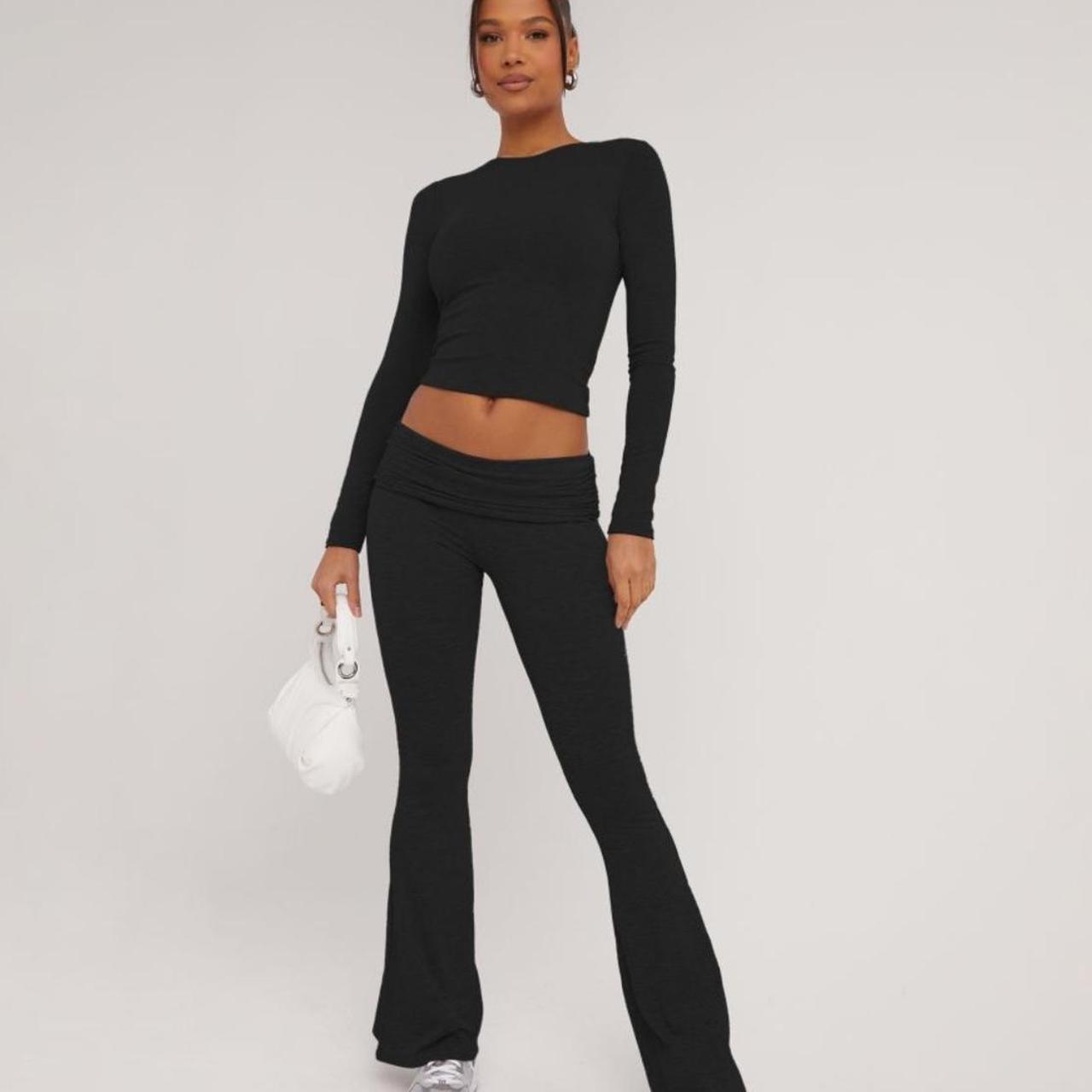 Fold Over Waistband Detail Flared Trousers In Black