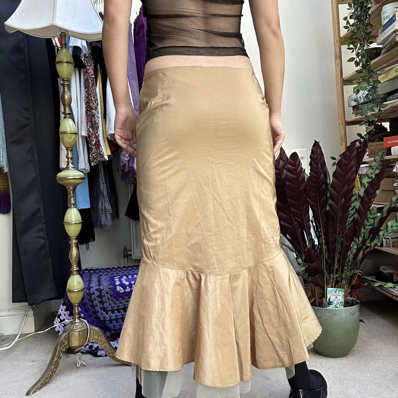 90s vintage gold shiny material mid waisted maxi... - Depop