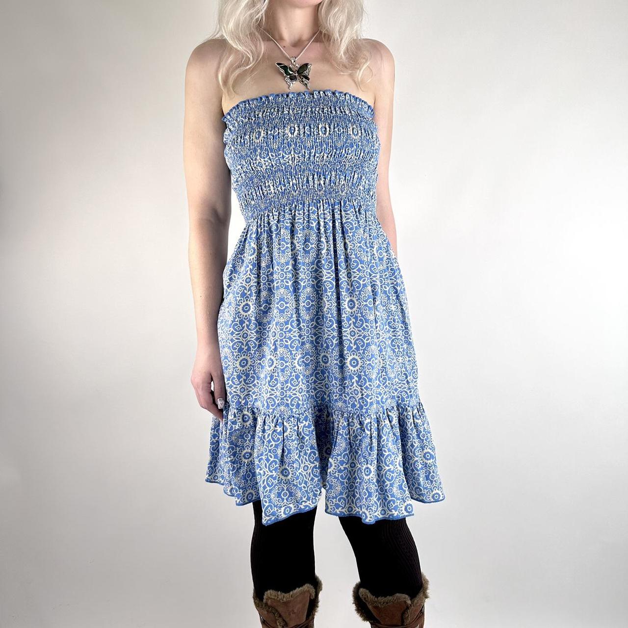 Vintage Y2K Blue Floral 2024 Print Tiered Babydoll Dress