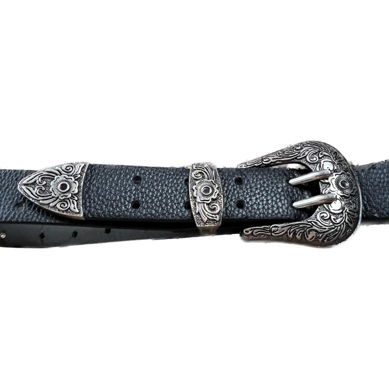 Target Black Faux Leather Belt With Silver Western... Depop