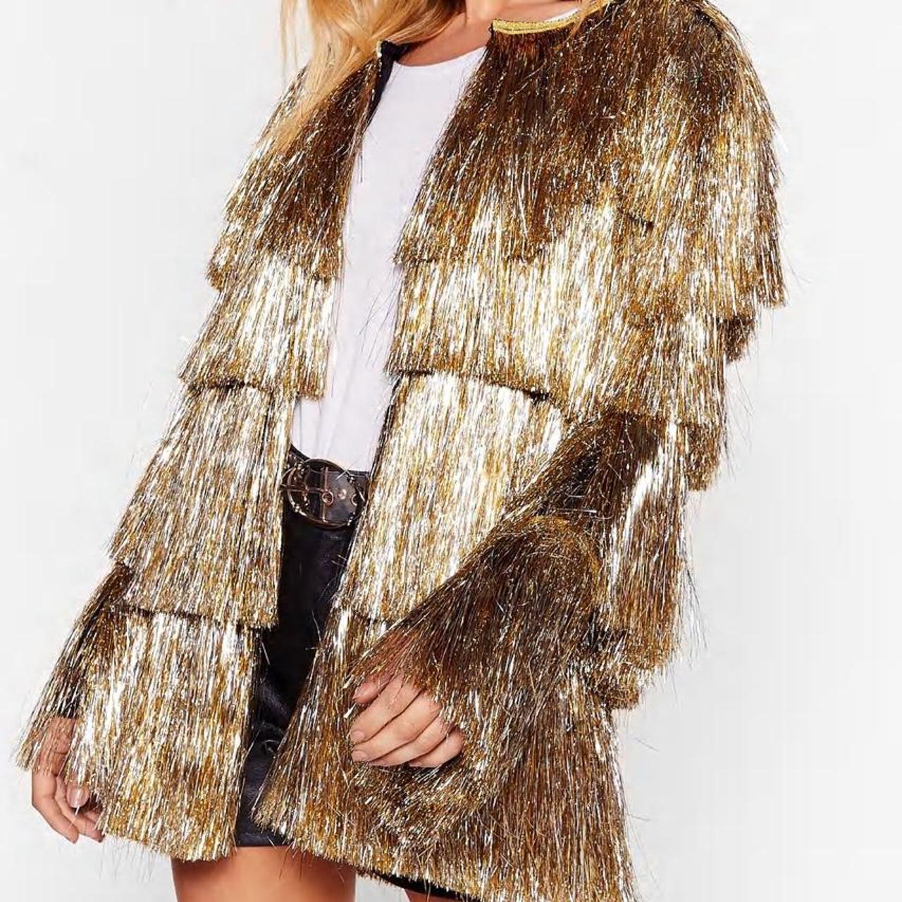 Nasty Gal metallic gold tinsel fringe jacket sells... Depop