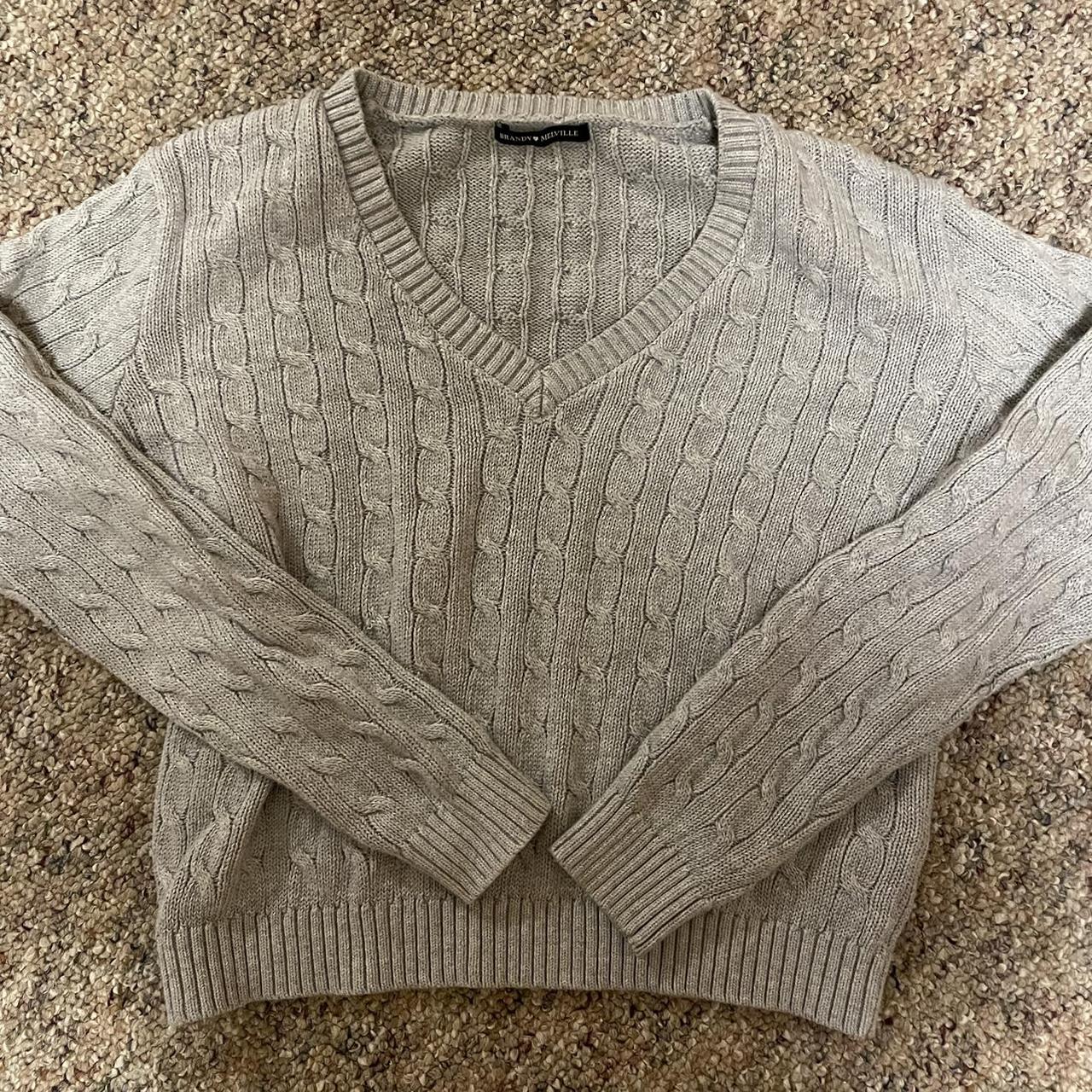 brandy Melville v neck grey cable knit cotton sweater - Depop