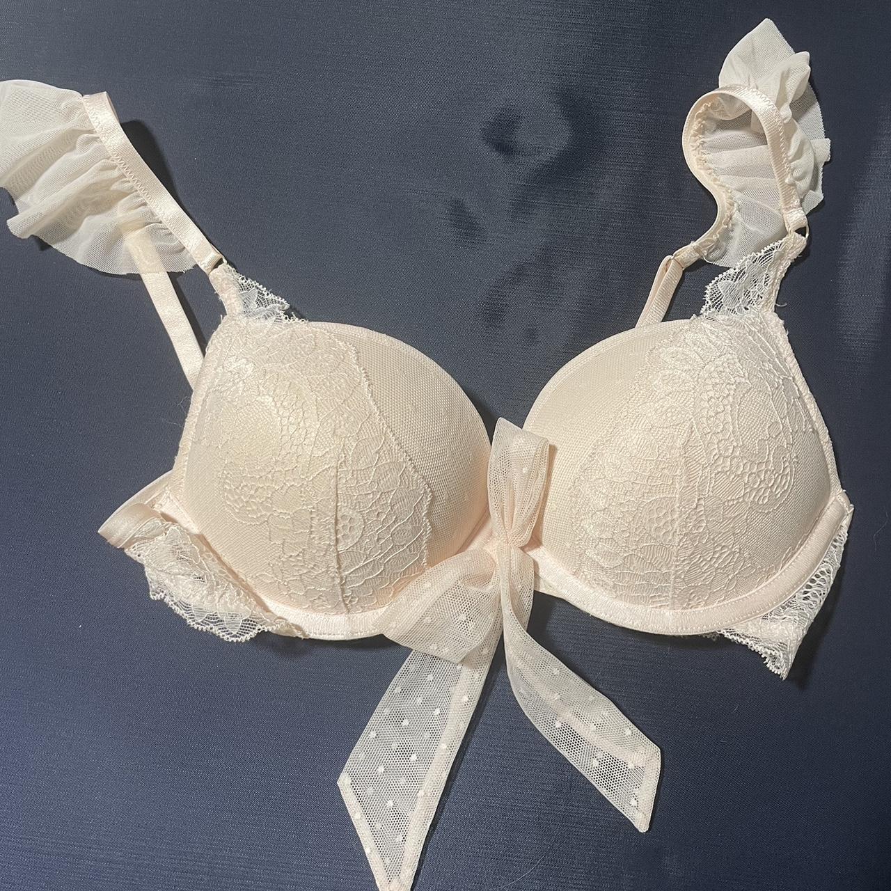 EXTRA PUSH UP bra, pink with lace straps and bow - Depop