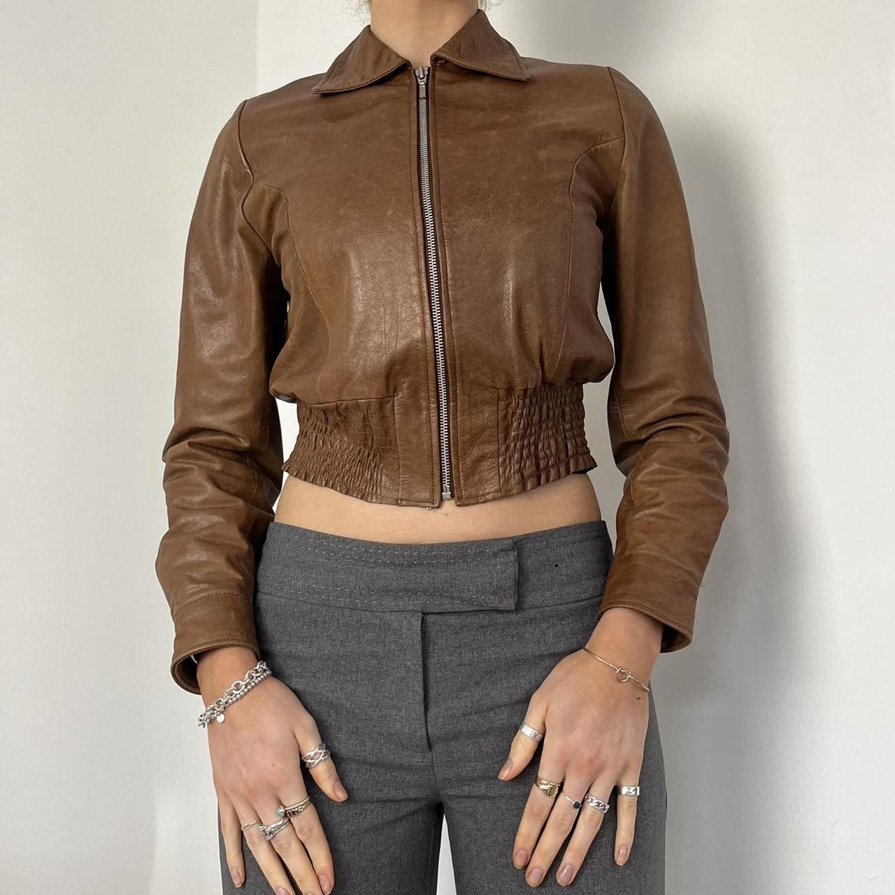 Topshop 90s early 00s label brown zip up leather... - Depop