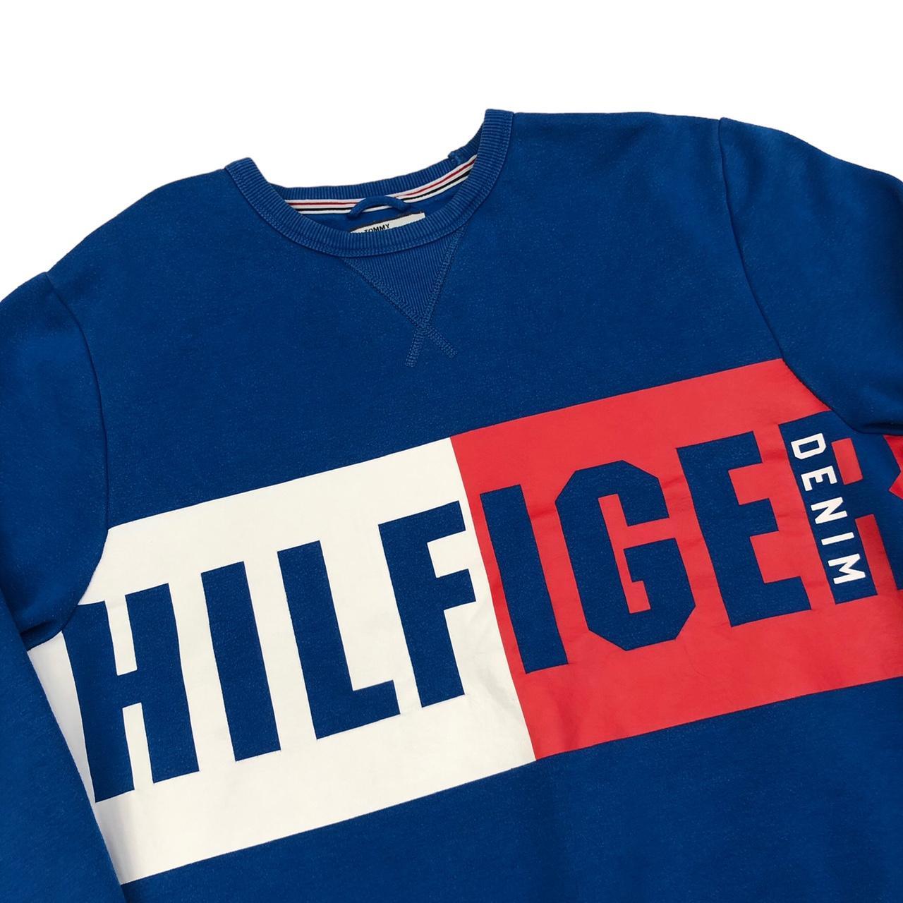 Tommy Hilfiger Men's Blue and White Sweatshirt Depop