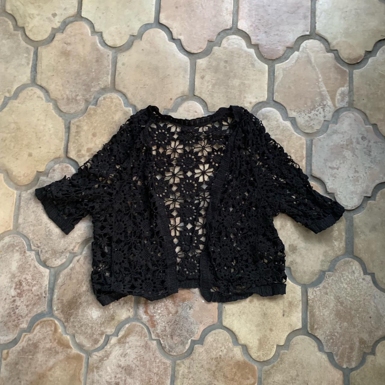 Black Crochet cardigan with floral detail. Size... - Depop