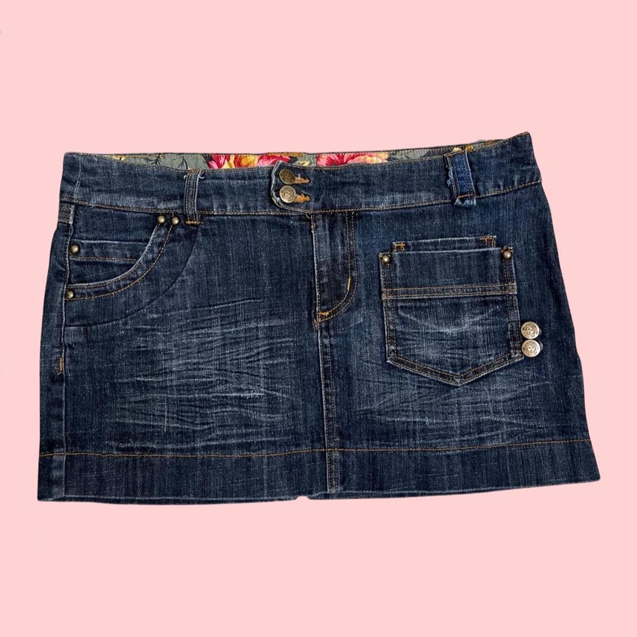 denim skirt • studded pattern on back pockets • rose... - Depop