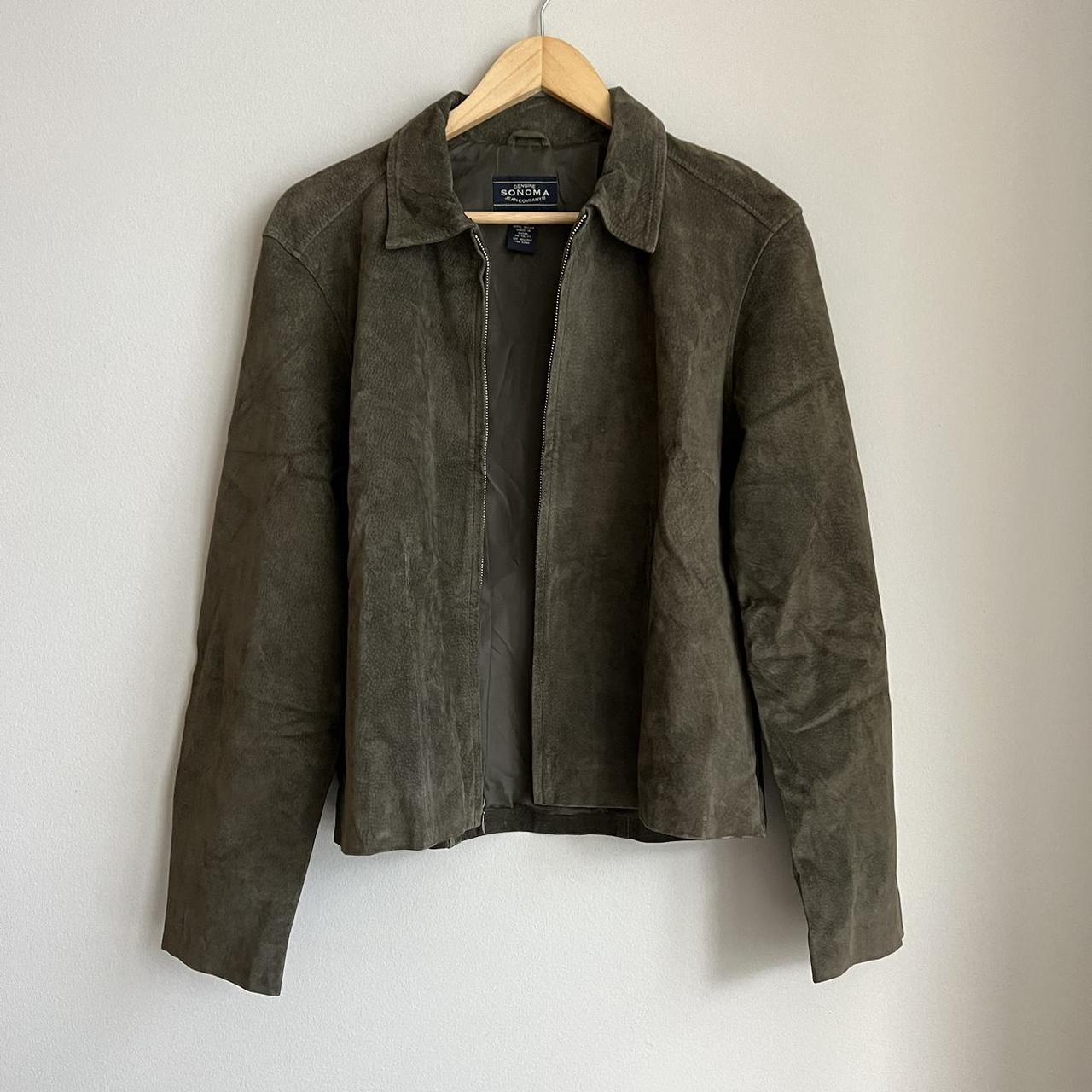 Olive green suede leather jacket. Size large, fits... - Depop