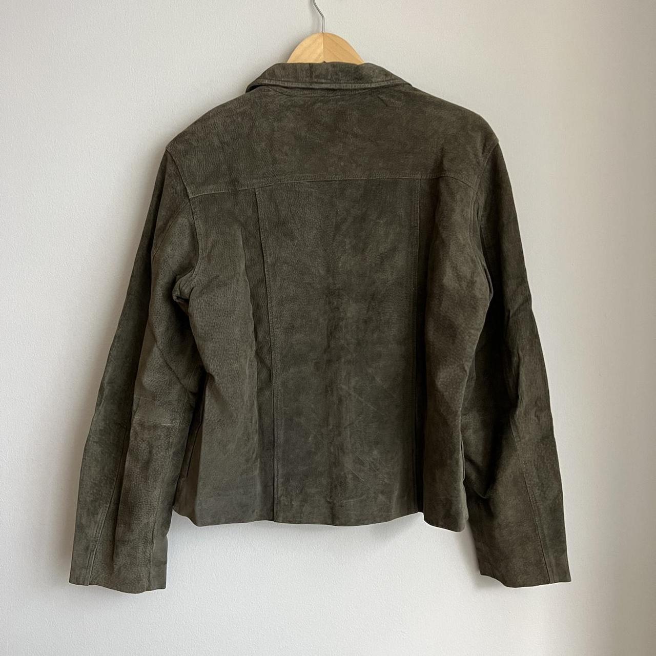 Olive green suede leather jacket. Size large, fits... - Depop