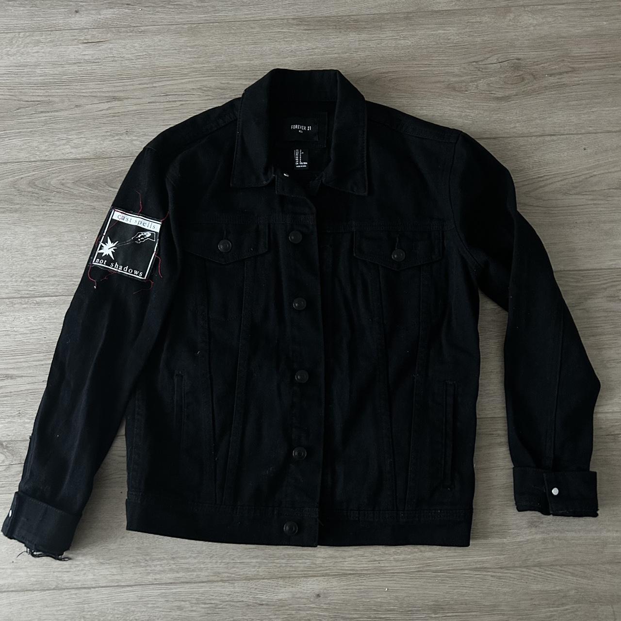 Black denim jacket with sewn patch There s a. Depop