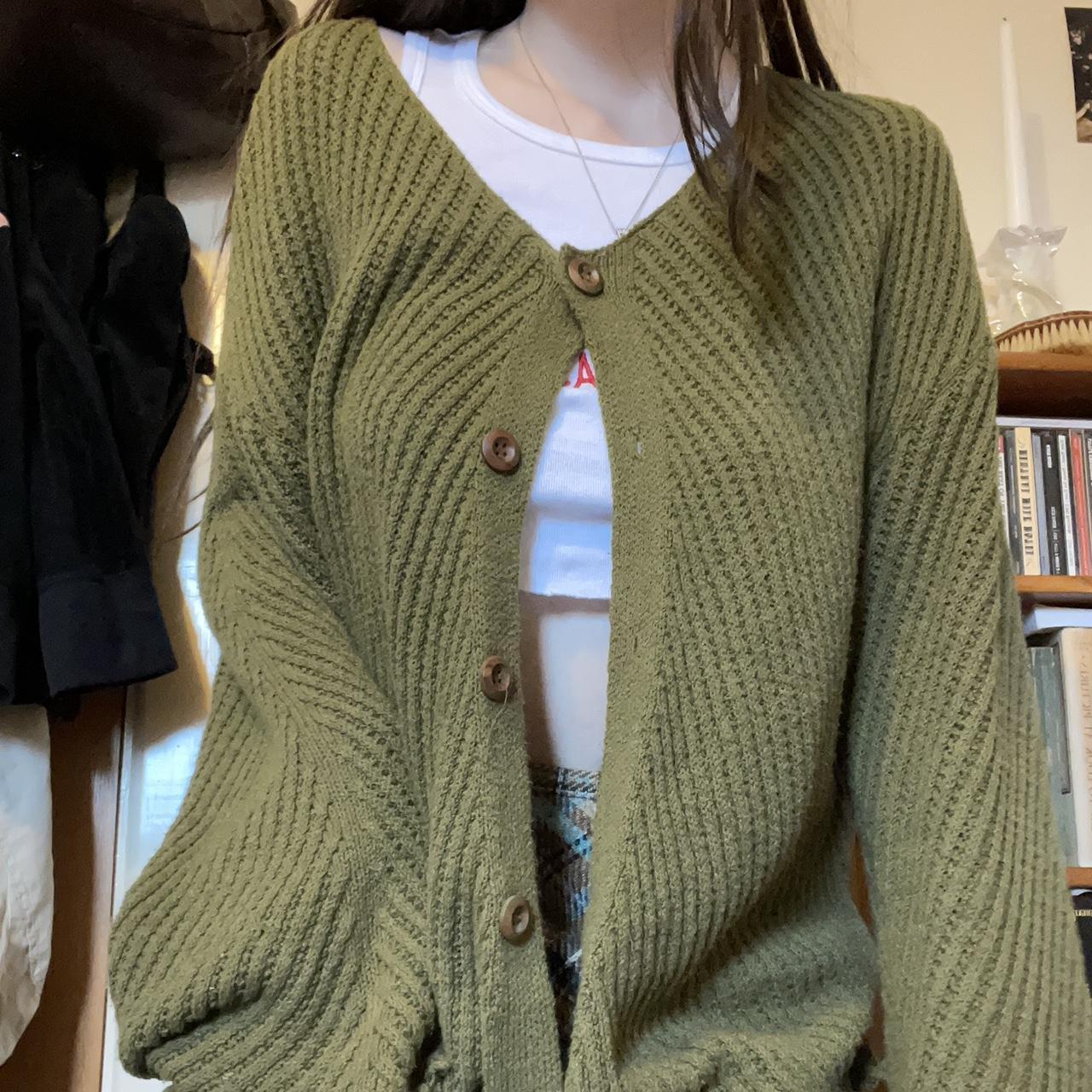 contemporary forest green knit baggy cardigan with... - Depop