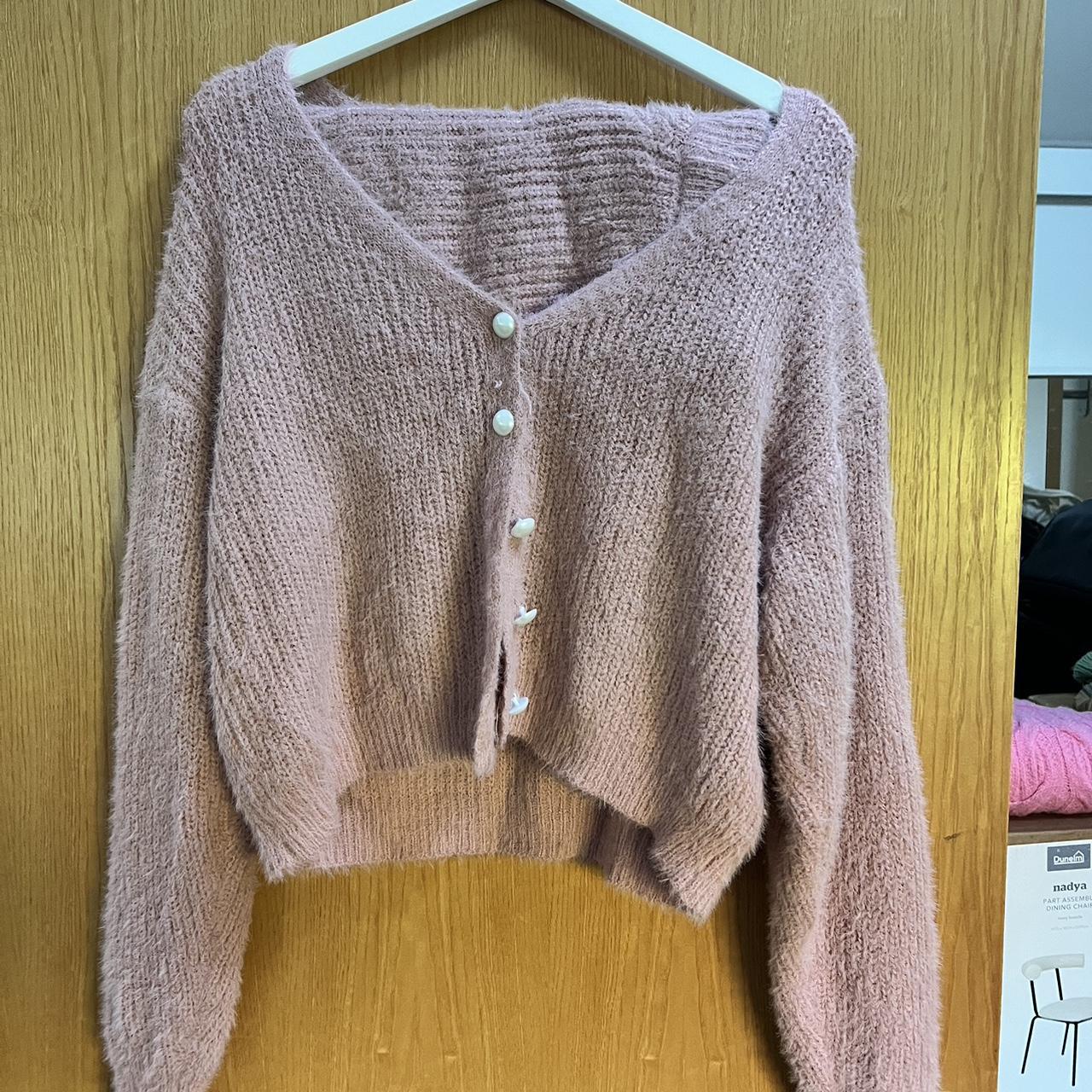 Pink fluffy knit cardigan shorts co ord Depop