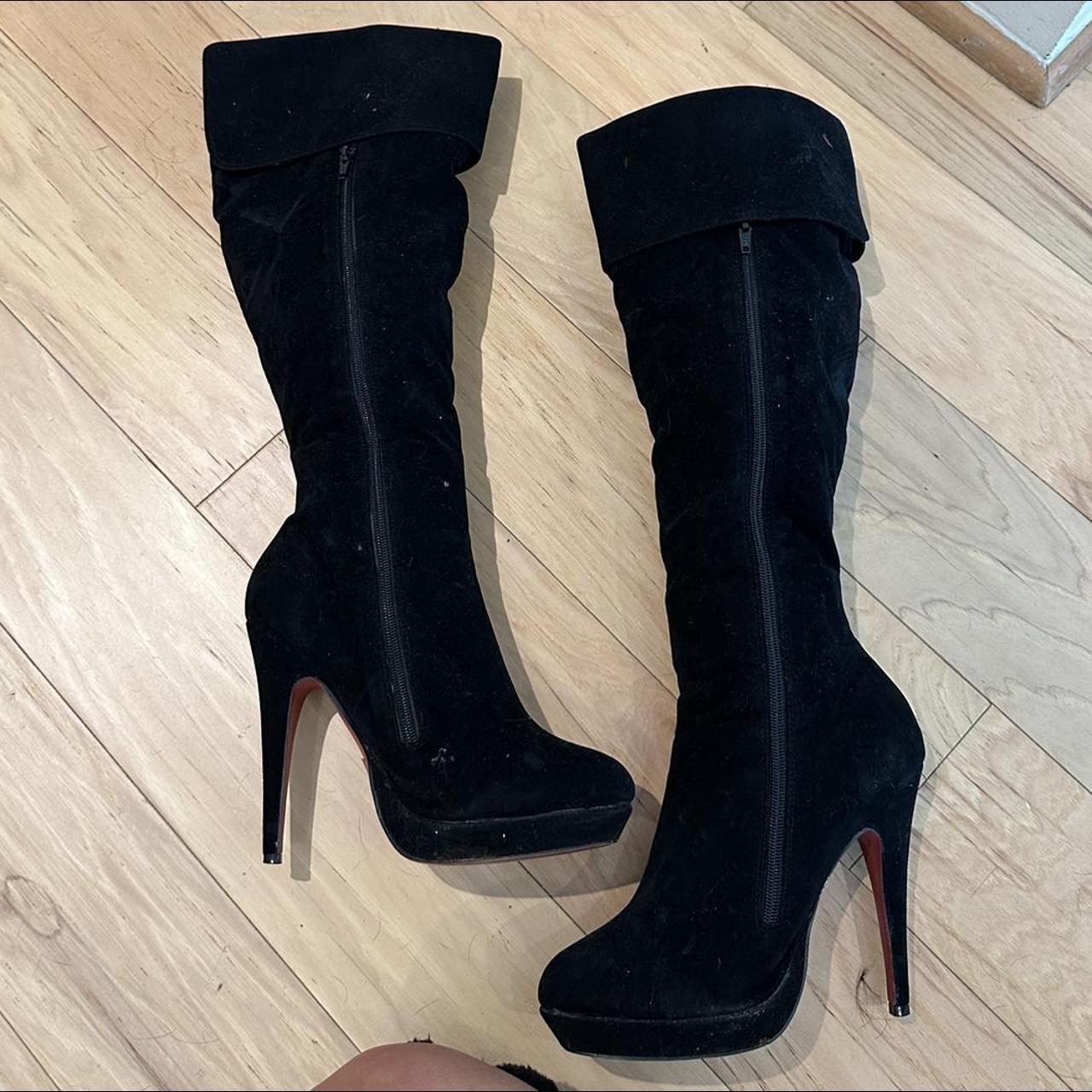 Tall black boots Red bottoms. Zips up on the... - Depop