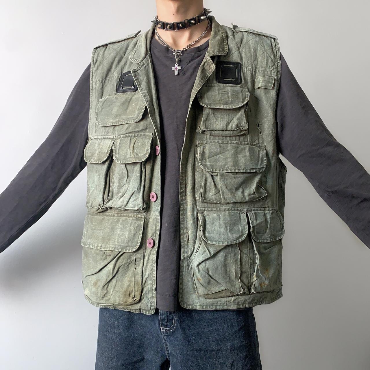 vintage green cargo vest sun faded green... Depop