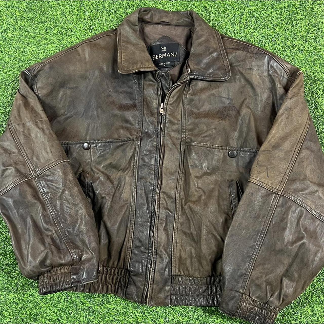 Vintage oversize brown leather bomber jacket G3... - Depop