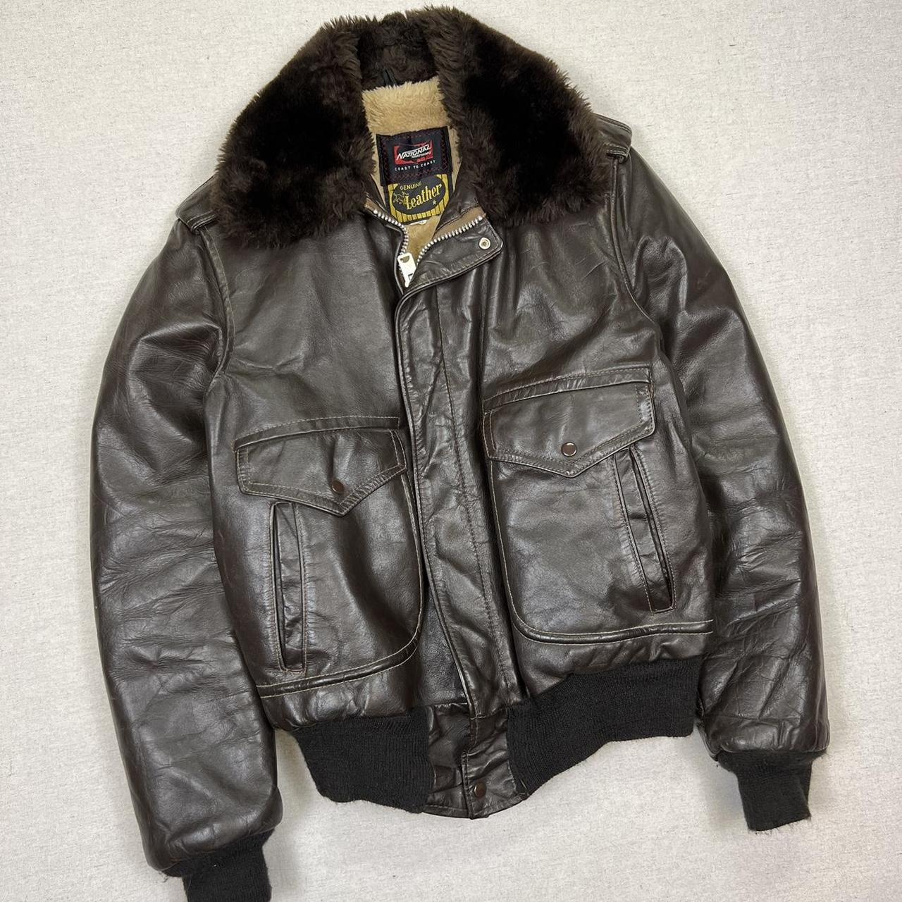 Vintage brown leather bomber jacket Flight jacket... - Depop