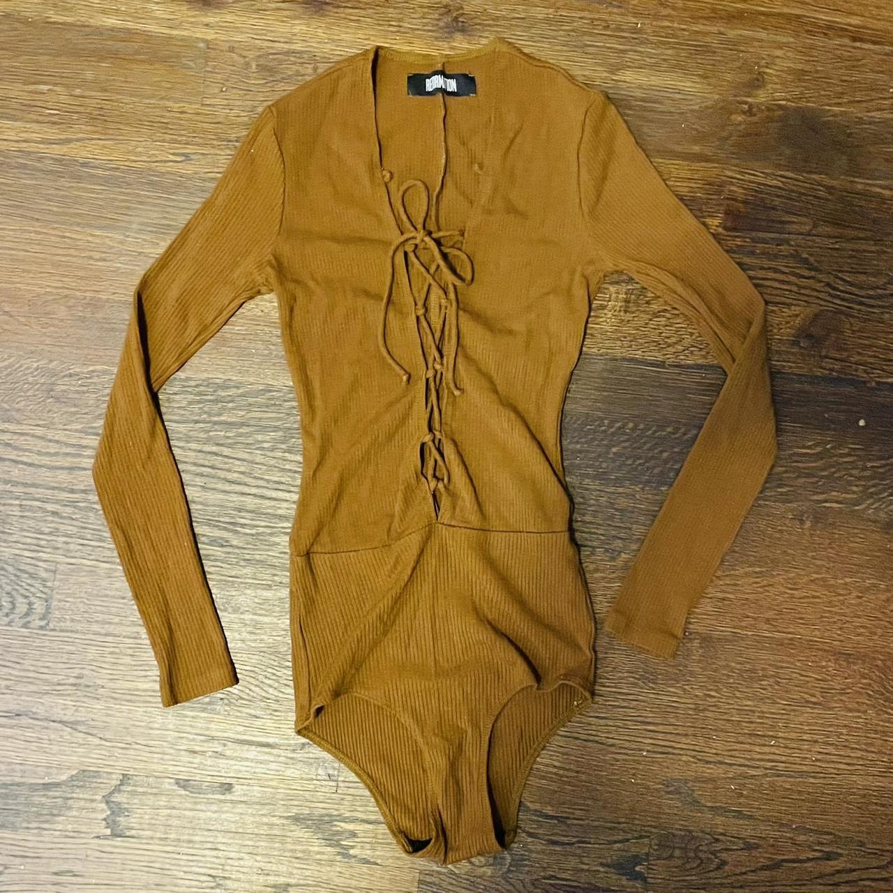 Reformation Women's Brown and Khaki Bodysuit Depop