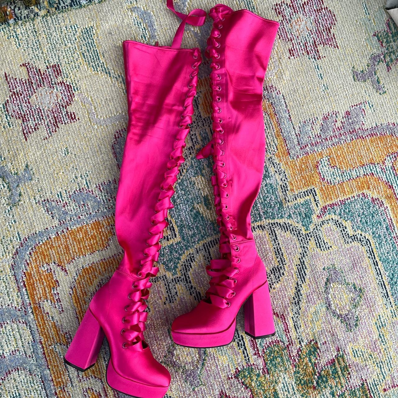 Pink satin shop thigh high boots