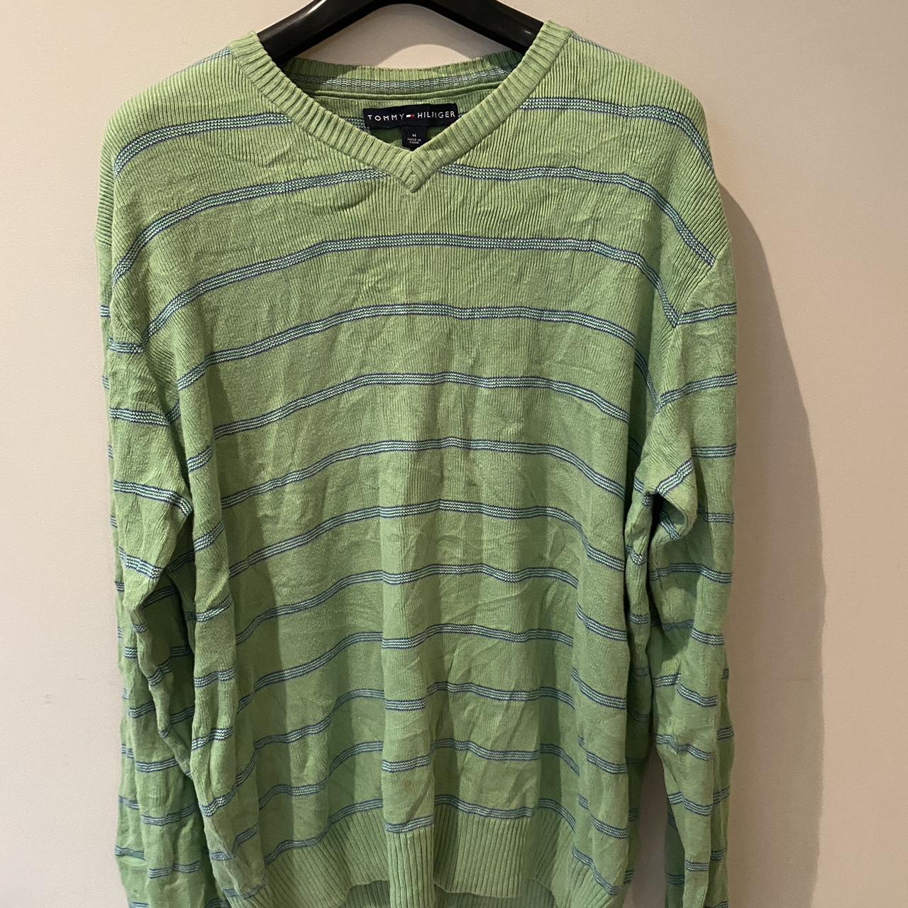 Tommy Hilfiger green and blue striped jumper... - Depop