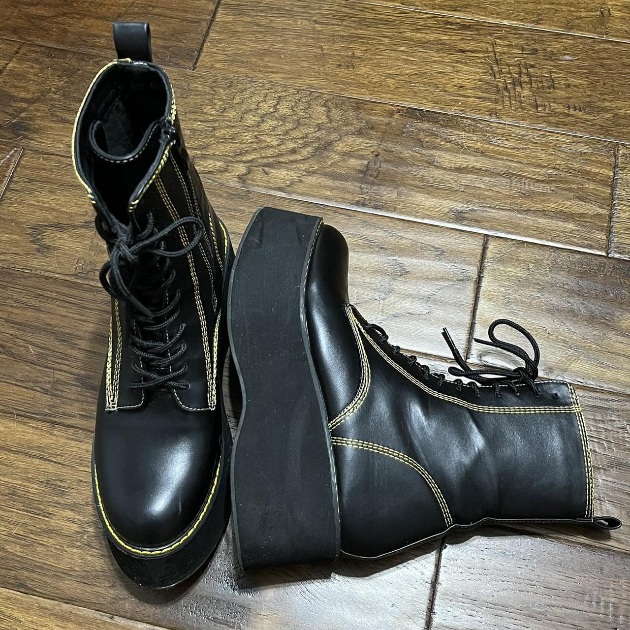 Black Platform Combat Boots with Yellow Stitching -... - Depop