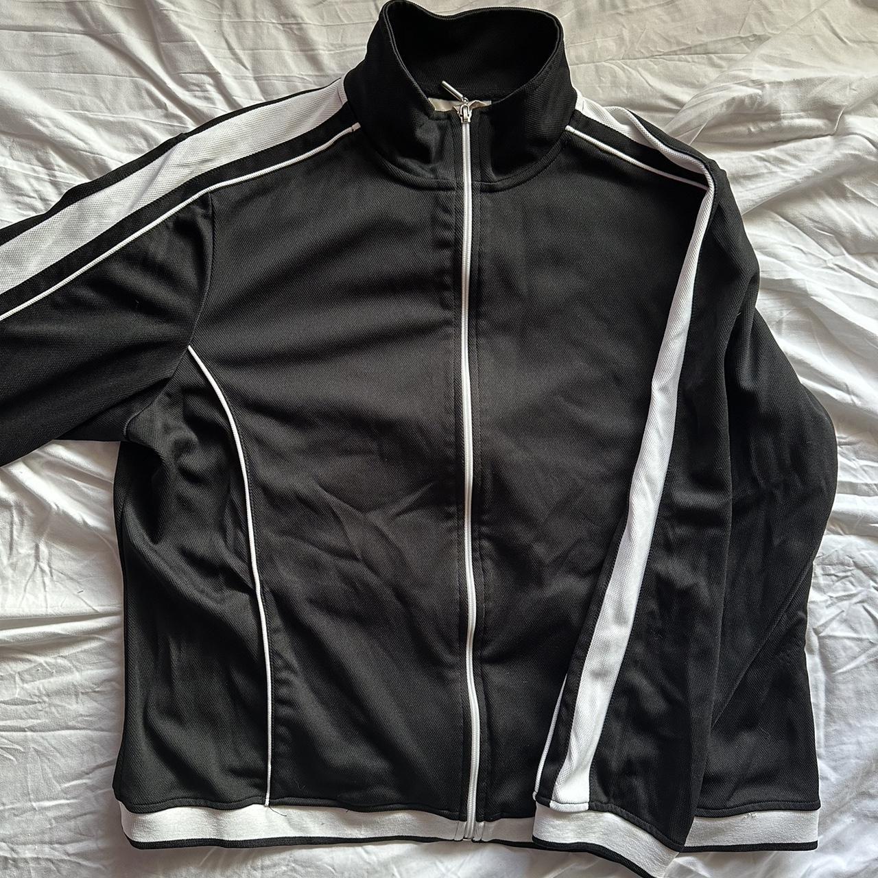 Black and white zip up athletic jacket Size womens... - Depop