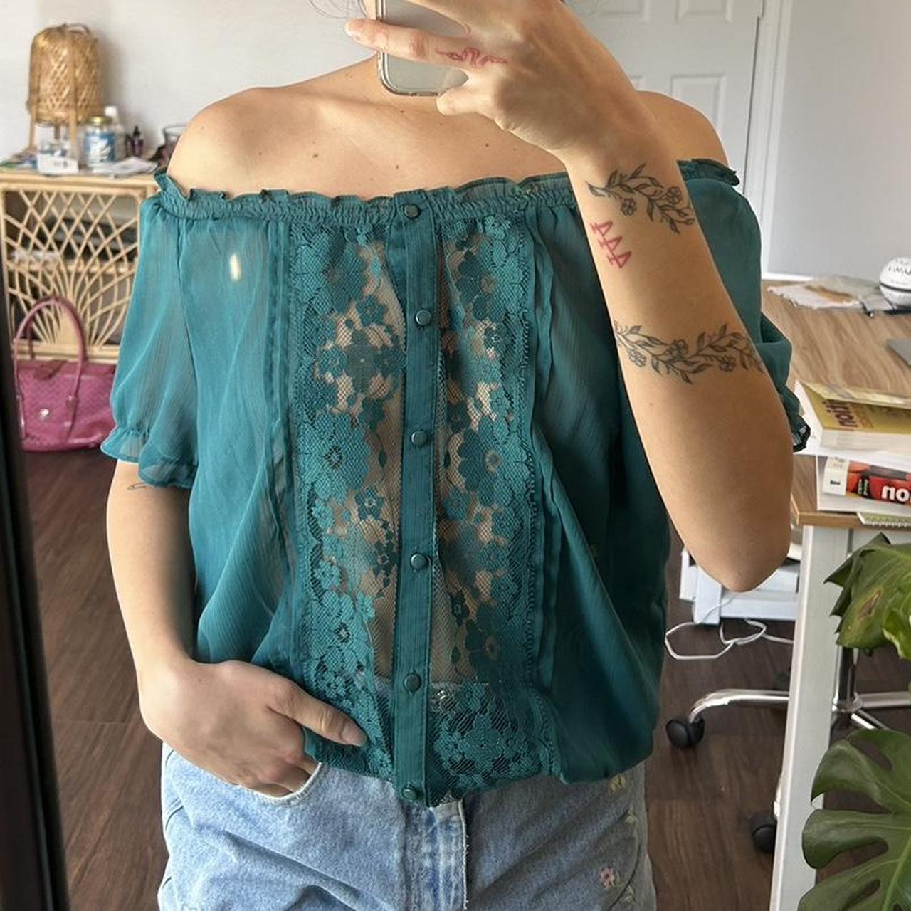 y2k teal lace blouse semi sheer can be worn off... - Depop