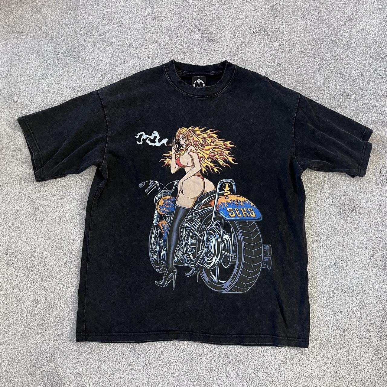 SEKS LLC Distressed Vintage Wash Graphic Print Bike... - Depop