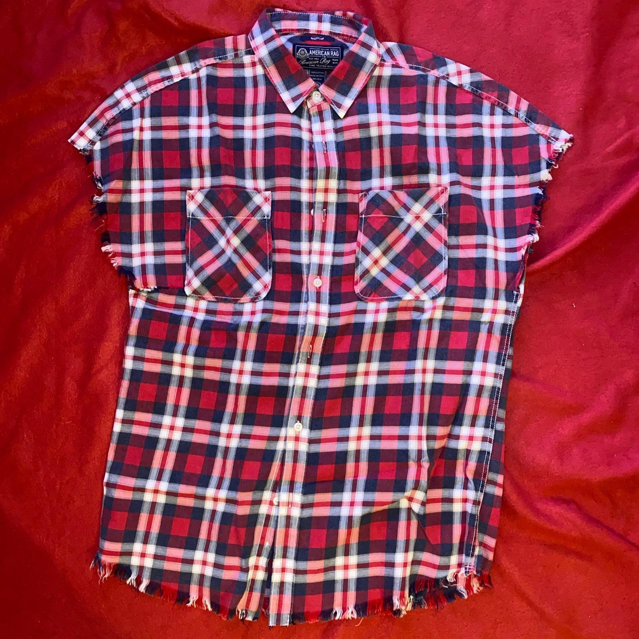 Plaid Cut Off Sleeve Shirt Red, white, and navy... Depop