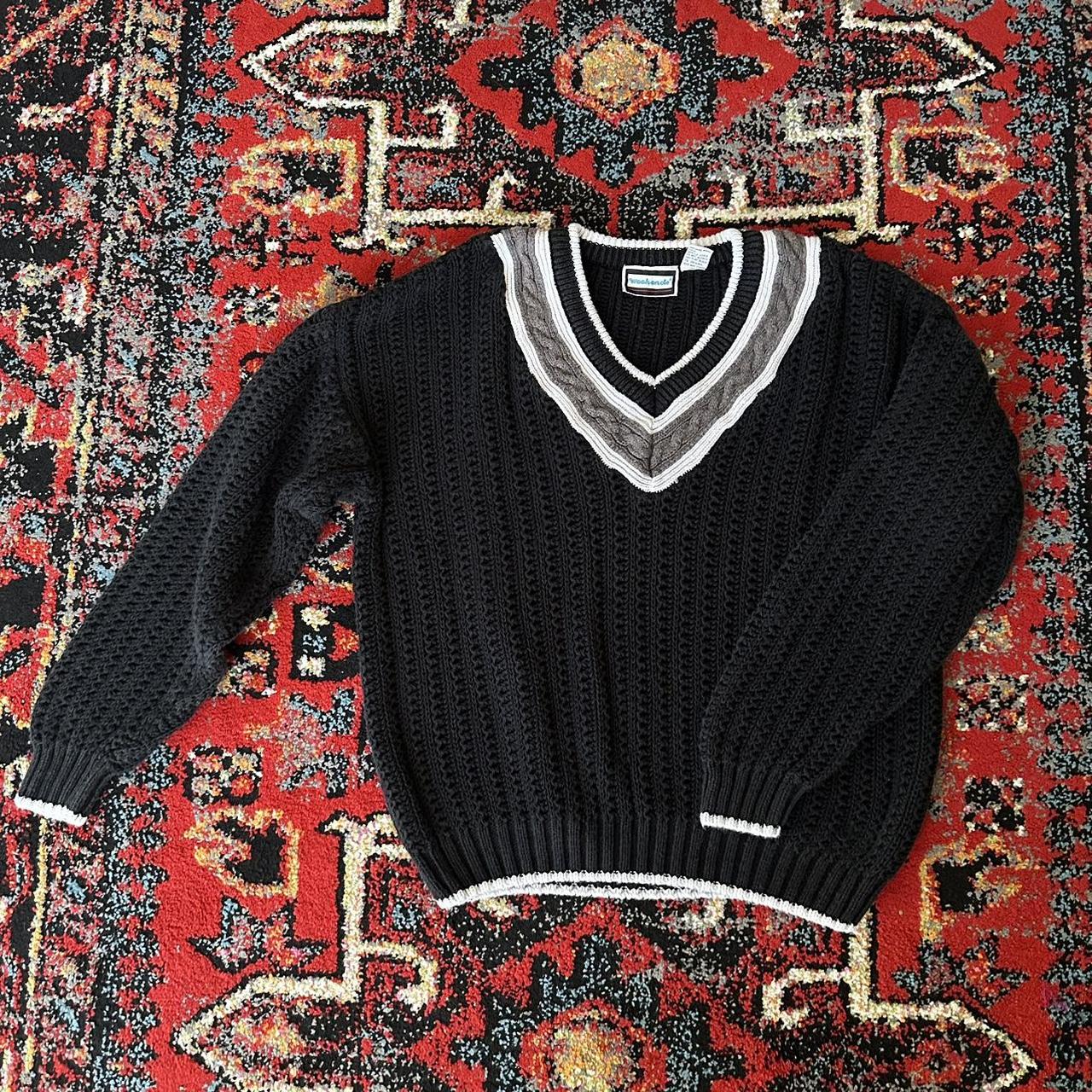 Vintage Black knitted sweater with white trim Very Depop