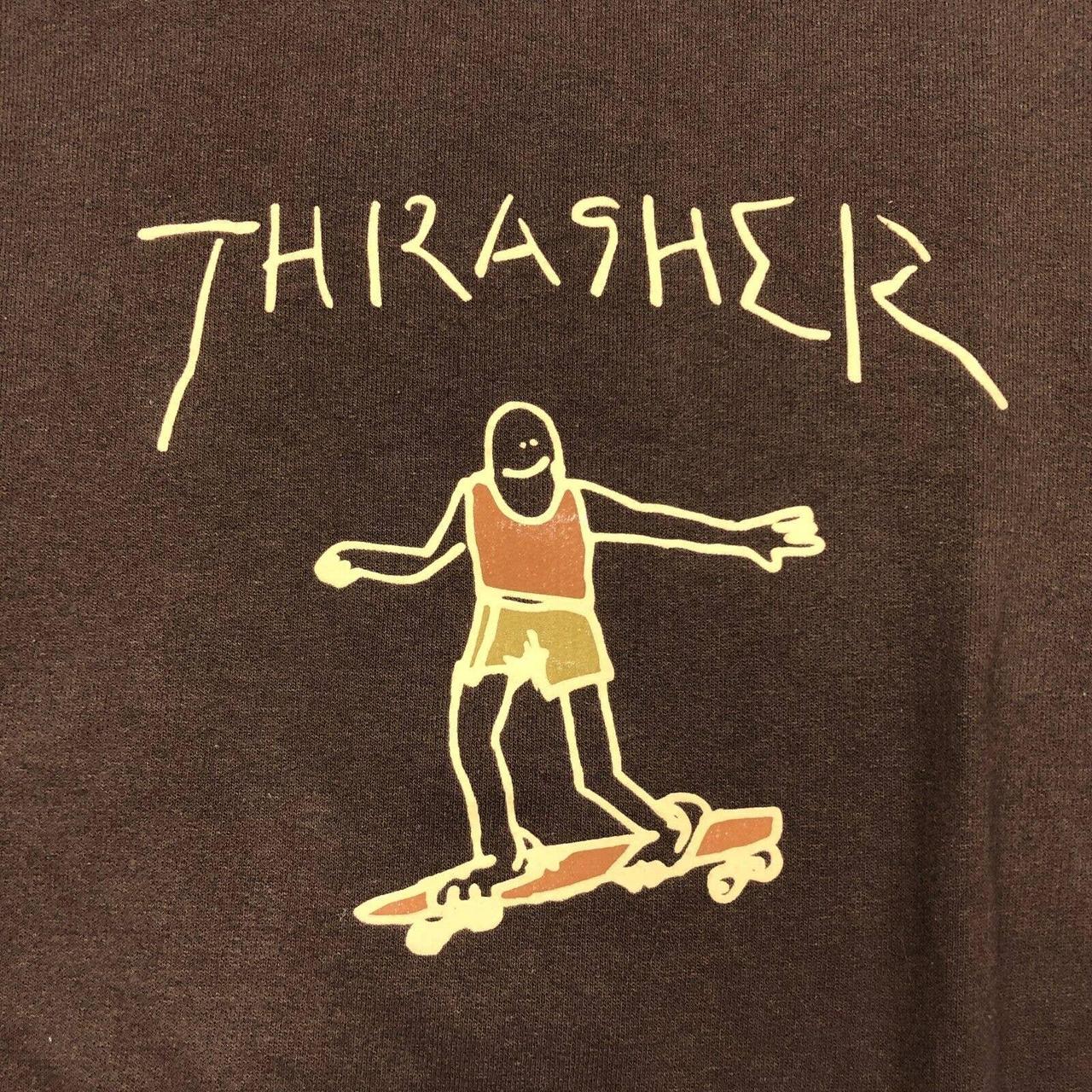 thrasher gonz logo brown crewneck sweater size... - Depop