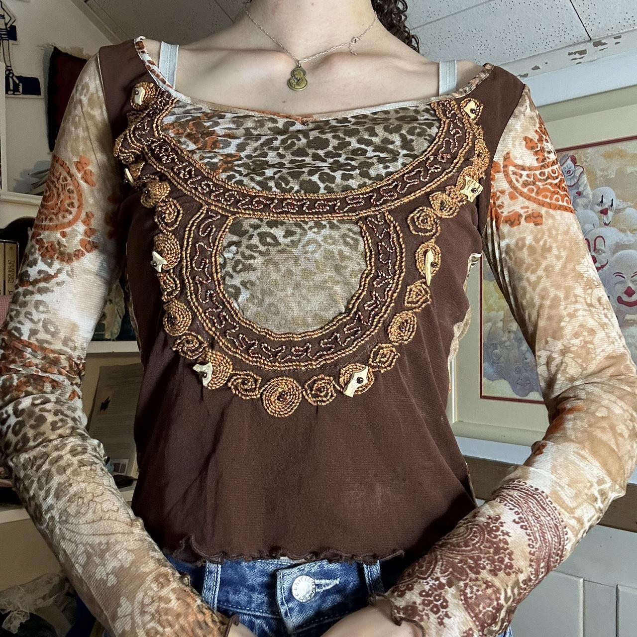 Y2K Cheetah Bohemian Beaded Fairy Blouse One of... - Depop